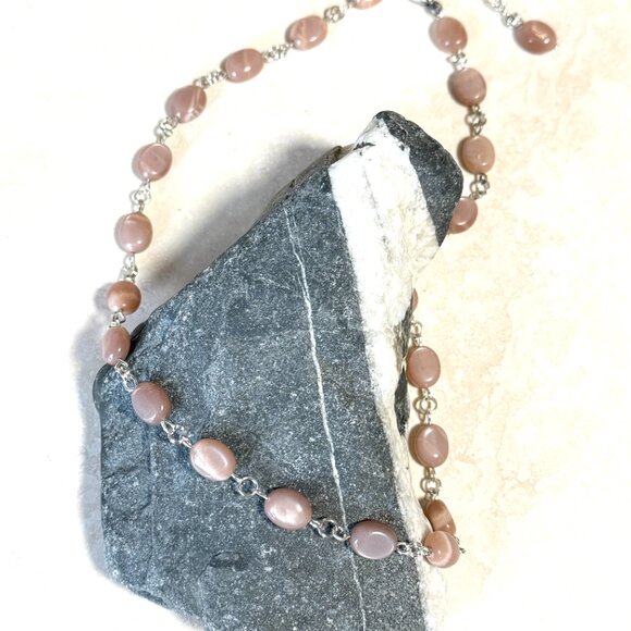 Peach Moonstone Necklace, Genuine Gemstone Adjustable Layering Choker - Picture 4 of 14